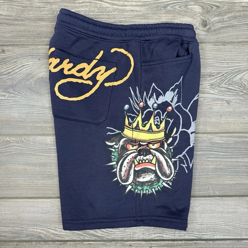 Ed Hardy Fleece Sweats Shorts Graphic Bulldog  Drawstring Navy Mens LARGE NWT - Picture 7 of 8